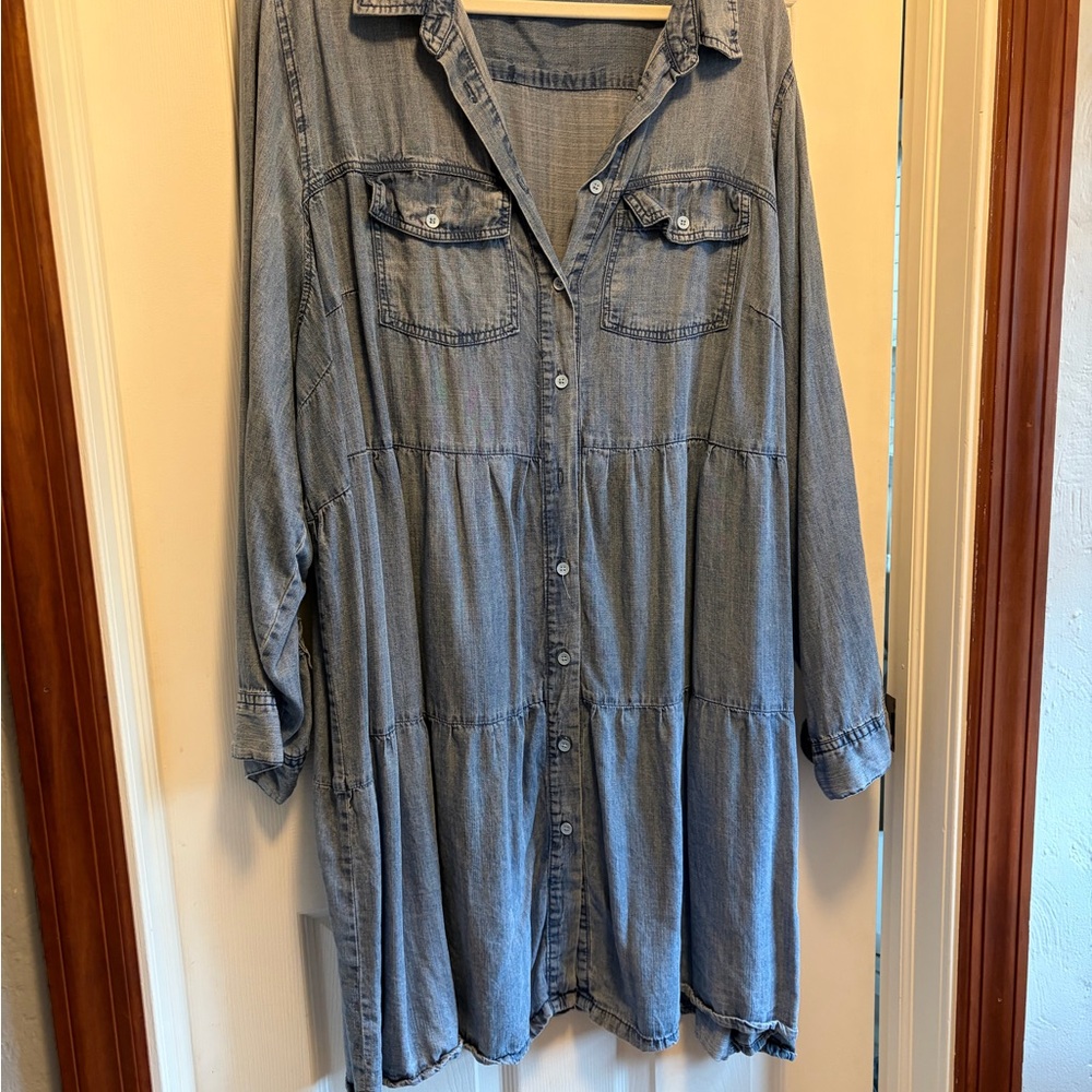 Light Wash Denim Shirt Dress - Blue